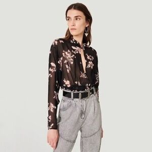 IRO Ileynia Floral Chiffon Blouse Semi Sheer Keyhole Neck Top Black Pink 2 XS